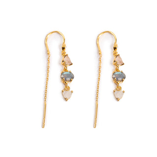 Rose Quartz, Labradorite & Rainbow Moonstone Gold Plated Drop Earrings with Chain