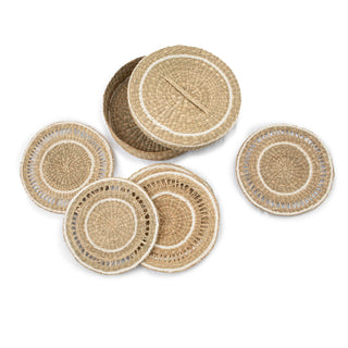 Round Woven Seagrass Placemats with White Trim and Holder