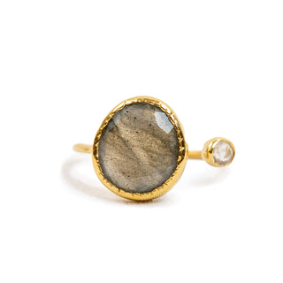 ***Gold Plated Oval Labradorite Ring with Small Moonstone