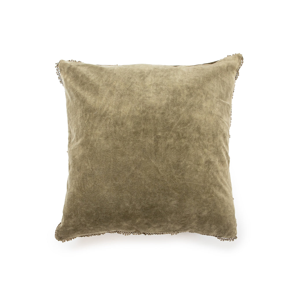 Moss Velvet Pillow With Poms 22x22